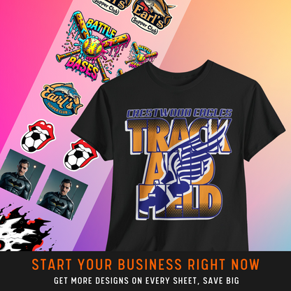 A black t-shirt with "Crestwood Eagles Track and Field" text and a winged shoe graphic is displayed against a colorful background. Surrounding the shirt are various sports-themed designs, including a softball graphic with "Battle of the Bases," a soccer ball with lips, and a superhero character. Additional text at the bottom reads, "Start Your Business Right Now - Get More Designs on Every Sheet, Save Big."

Think harder

explain sports graphics

custom apparel trends